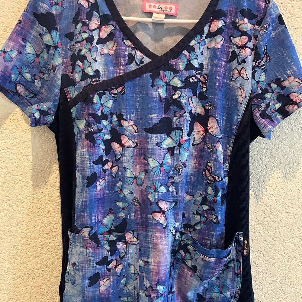 Koi Multicolor Butterfly V-Neck Scrub Top